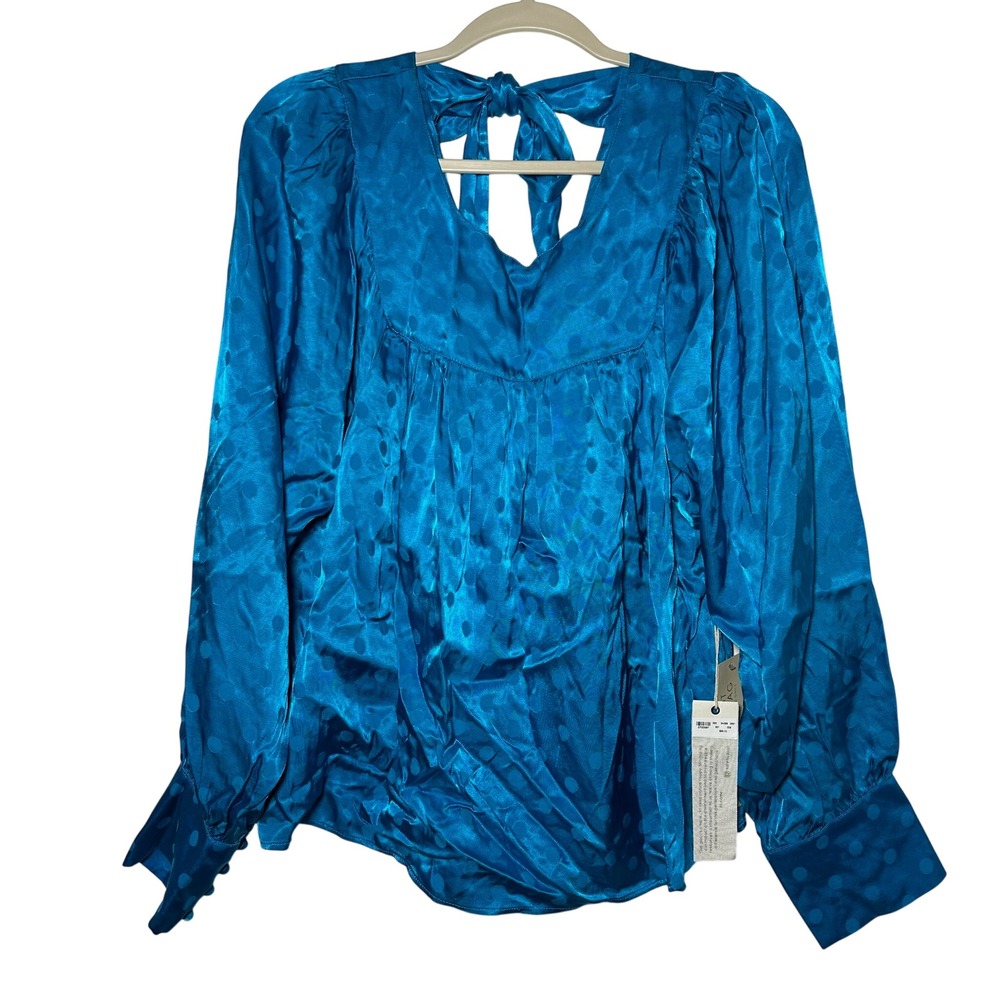 Kate Hudson Brand Happy x Nature Teal Polka Dot Long Sleeve Tie Blouse Top Large